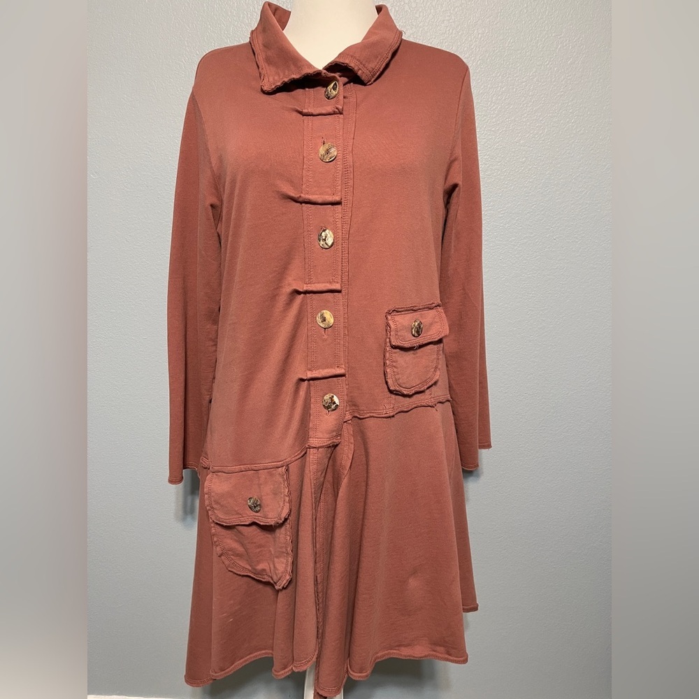 Color Me Cotton CMC Alissa Duster Coat Brown Rust Lagenlook Boho Artsy Medium